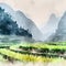 Chinese traditional watercolor of terraced rice paddies with karst mountains