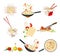 Chinese Udon Noodle Preparation Steps with Ingredients Chopping and Stir-frying in Wok Pan Vector Set