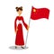 Chinese Woman with Flag Flat Color Illustration