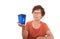 Chinese woman holding blue recyclable trash bin in front of white background