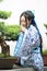 Chinese woman in traditional Blue and white Hanfu dress Standing next to bonsai