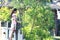 A Chinese woman wears Cheongsam in the water park of Shanghai