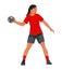 Chinese women\\\'s handball girl player in red sports uniform standing right in the ball in one hand