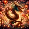 A chinese wood dragon in a festive scene, with cherry blossoms, lantern-lit streets, new year festivities