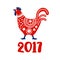 Chinese year of rooster 2017. Red cock, symbol of New Year 2017. Hand drawn illustration for calendar, greeting card