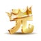 Chinese Yuan local symbol. Gold shiny metal Renminbi currency sign with golden crown.