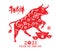 Chinese Zodiac Sign Year of Ox, red paper cut ox.