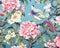 Chinoiserie blossom with birds wallpaper seamless pattern.