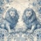 chinoiserie wallpaper art with chinese guardian lions, blue ceramic pattern in watercolor