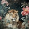 chinoiserie wallpaper art with tropical forest, lion and fancy botanical with watercolor style, French toile pattern