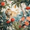 chinoiserie wallpaper art with tropical forest, lion and fancy botanical with watercolor style, French toile pattern