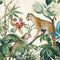 chinoiserie wallpaper art with tropical forest, tiger and fancy botanical, watercolor, French toile pattern