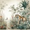 chinoiserie wallpaper art with tropical forest, tiger and fancy botanical, watercolor, French toile pattern