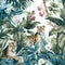 chinoiserie wallpaper art with tropical forest, tiger and fancy botanical, watercolor, French toile pattern