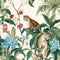 chinoiserie wallpaper art with tropical forest, tiger and fancy botanical, watercolor, French toile pattern