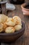 Chipa is a brazilian snack cheese bread, pao de queijo.