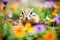 chipmunk on a flower bed with colorful petals in cheeks