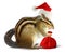 Chipmunk in red Santa Claus hat and bag with gifts on white back