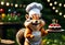 Chipmunk wearing chef hat, holding birthday cake. Generative AI