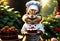 Chipmunk wearing chef hat, holding birthday cake. Generative AI