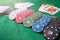 Chips for casino or pile of gambling tokens. Volumetric heap of money or cash for games like poker, card and blackjack, roulette.