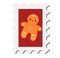Chiristmas postal stamp with gingerbread man. New year postage symbol. Vector icon