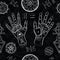 Chiromancy seamless background with human hands and mystic symbols