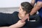 Chiropractic getting mobilization cervical spine of a woman. Manual therapy. Neurological physical examination. Osteopathy,