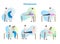 Chiropractor vector illustration collection set. Doctor, therapist, nurse or masseur exam sick person in hospital or clinic.