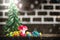 Chistmas background. Fir tree, lollipops, sweet candies and colored decoration.