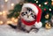 Chistmas Scene - A cute kitten wearing a red Santa Claus hat on its head