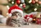 Chistmas Scene - A cute kitten wearing a red Santa Claus hat on its head