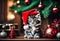 Chistmas Scene - A cute kitten wearing a red Santa Claus hat on its head