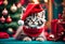 Chistmas Scene - A cute kitten wearing a red Santa Claus hat on its head