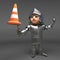 Chivalrous knight in armour bravely combats a traffic cone, 3d illustration