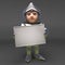 Chivalrous knight in armour holding a blank banner, 3d illustration
