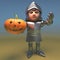 Chivalrous medieval knight holds a Halloween pumpkin, 3d illustration