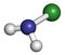 Chloramine (monochloramine) disinfectant molecule. Readily decomposes, resulting in hypochlorous acid formation. Atoms are