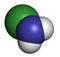 Chloramine (monochloramine) disinfectant molecule. Readily decomposes, resulting in hypochlorous acid formation. Atoms are