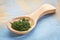 Chlorella powder on wooden spoon