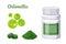 Chlorella superfood. Pills and healthy algae powder. Bottle of seaweed tablets isolated