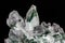 Chlorinated Quartz Crystals. Large crystals green and white; surrounded by clusters of smaller crystals.