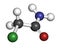 Chloroacetamide preservative molecule. 3D rendering. Atoms are represented as spheres with conventional color coding: hydrogen (