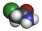 Chloroacetamide preservative molecule. 3D rendering. Atoms are represented as spheres with conventional color coding: hydrogen (