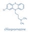 Chlorpromazine CPZ antipsychotic drug molecule. Used to treat schizophrenia. Skeletal formula.