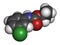 Chlorpropham herbicide molecule. 3D rendering. Atoms are represented as spheres with conventional color coding: hydrogen white,.