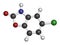 Chlorzoxazone muscle relaxant drug molecule. Atoms are represented as spheres with conventional color coding: hydrogen (white),