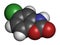 Chlorzoxazone muscle relaxant drug molecule. Atoms are represented as spheres with conventional color coding: hydrogen (white),