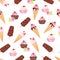 Choc-ice, icecream cone, cupcakes watercolor seamless vector pat