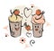 Chocolade ice cream character and strawberry, heart. The boy gives the berry to the girl.. Black white pink hand made